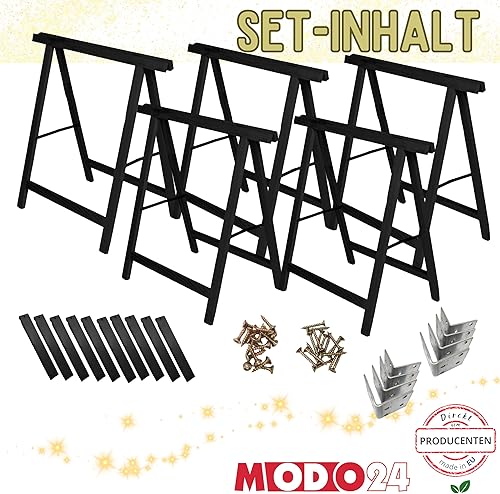 MODO24 Sägebock Holzbock, Klappbock Arbeitsbock, 6er-Set inklusive Montageteile, DIY Weihnachtsbaum, Tannenbaum SET, Tapezierbock Montagebock Unterstellbock, Baum Abmessungen 215x130x73 cm, Schwarz - Cheap-Us