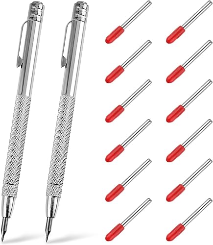 TIESOME Wolframcarbid Stift, 2 Stück Anreißnadel Hartmetall mit Magnet, Anreißwerkzeug mit 12 Ersatz Red Hat Markierspitzen, Reißnadel Diamant für Glas Keramik und gehärteten Silber Carbide Pen - Cheap-Us