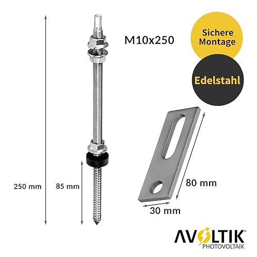 Avoltik Stockschrauben Edelstahl M10 x 300 mm mit Adapterblech I 6 Stück I wetterfeste M10 Stockschrauben mit Dichtung & Sperrzahnmutter I vormontierte & höhenverstellbare Solar Befestigung Schrauben - Cheap-Us