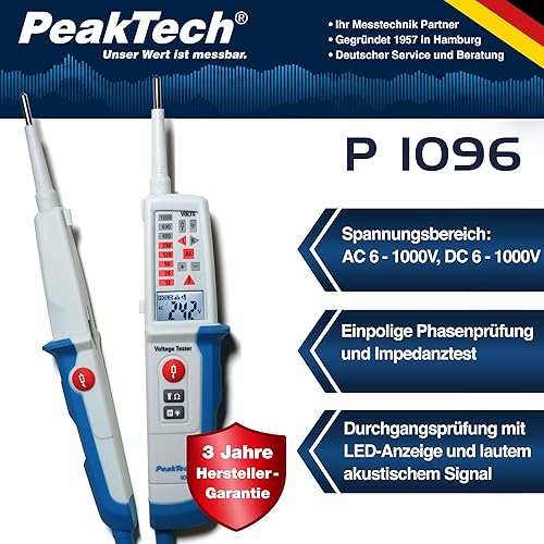 PeakTech 1096 – 2-poliger AC/DC Spannungsprüfer mit Dual Anzeige & FI-Test, Staub- & Wasser Schutz (IP64), LCD-Display + Taschenlampe, Durchgangsprüfer, Polaritätsanzeige, Spannungsmesser 6V - 1000V - Cheap-Us