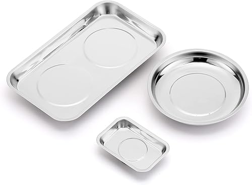 CASOMAN 3-Piece Round and Square Magnetic Trays Set, Stainless Steel, 5.9' Round Trays, 9.4' Wx5.4 L Square Trays & 3.8' W x 2.6' L Square Trays, for Socket Screw, Nuts, Bolts, Metal Parts - Cheap-Us
