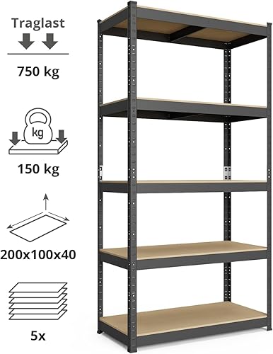 baudim - 200x100x50cm Schwerlastregal/Steckregal mit 5 Böden und 150kg Tragkraft, Metallregal, Garagenregal oder Lagerregal, Kellerregal/Lastenregal, Werkstattregal Metall verzinkt - Cheap-Us