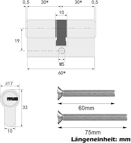 Schließzylinder, 30/30 mit 3 Schlüsseln, Profil-Doppelzylinder, Zylinderschloss, Türschloss Ersatzzubehör, Türschloss Sicherheitsschloss Haustür - Cheap-Us