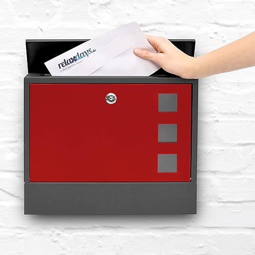 Relaxdays Briefkasten mit Zeitungfach, HBT: 30 x 36 x 10 cm, Metall, mit 2 Schlüsseln, moderner Postkasten, schwarz/rot - Cheap-Us