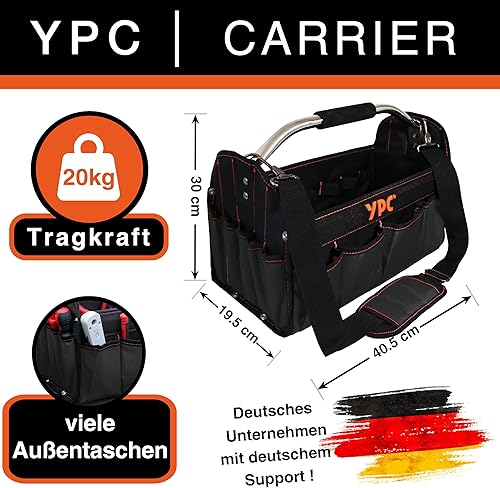 YPC Carrier Werkzeugkorb XL – Tragbare Werkzeugtasche mit stabilem Boden, Wasserfest, Reißfest, Faltbar, Schultergurt mit Polster & Metall-Handgriff, Grau-Schwarz, 40,5x30x19,5cm – 20 kg Tragkraft - Cheap-Us