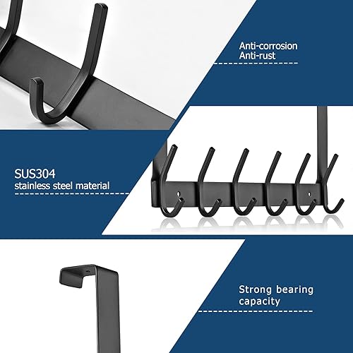 MEIJO Türgarderobe zum Einhängen Edelstahl, Türgarderobe Ohne Bohren Kleiderhaken Tür für Deutsche Türen Türhakenleiste Edelstahl mit 6 Haken für Küche, Badezimmer (Schwarz, Dicke 4,5 cm) - Cheap-Us