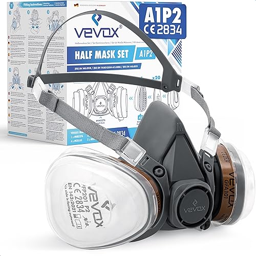 VEVOX® Atemschutzmaske – A1P2 Filter – Schutz gegen Feinstaub, Gase & Dämpfe – Zum Lackieren, Schleifen und Sanieren – Gasmaske, Staubmaske & Lackiermaske – inkl. 6x P2 Partikel- und 2x A1 Gasfilter - Cheap-Us