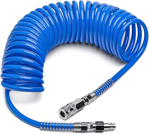 LICURAT Druckluftschlauch - 15 Meter - Gewebeverstärkter PU Druckluft Spiralschlauch - Innenø: 6,5mm; Außenø:10mm - Kompressorschlauch mit deutschen DN 7,2 Anschluss - Luftdruckschlauch mit Swivel - Cheap-Us