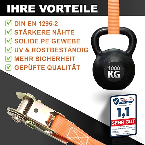 FENITEC 4X Spanngurte mit Ratsche - 1000 kg Kapazität DIN EN 12195-2 zertifizierte Zurrgurte mit Ratsche, Spanngurt 6m mit Doppelnaht, Ratschengurte Ladungssicherung bei jedem Wetter - Cheap-Us