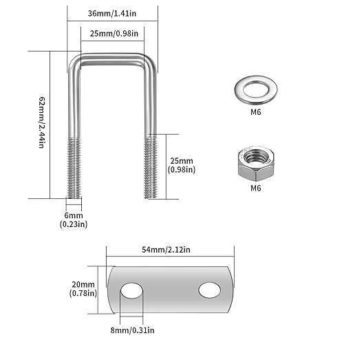 6 Stück Bügelschrauben M6, U Bolzen, Vierkant-Bügel, U-Bügel mit Mutter Rahmen und Gegenplatte, 304 Edelstahl Bügelschraube für Abschleppen von Autos Schiffen Reparatur (Rechter Winkel 80x50mm) - Cheap-Us