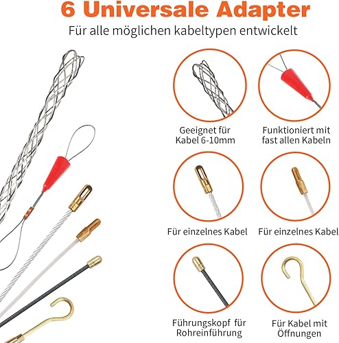MaxAwe 30M Kabeleinziehhilfe, 4mm Einziehspirale, Einziehfeder, Polyester Zugdraht für Leerrohre mit 6 Adapter und Handschuhe, Fiberglas Fish Tape Einziehhilfe, Kabelziehhilfe mit GehäUse - Cheap-Us