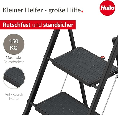 Hailo K77 ComfortLine Klapptritt - 3-stufige Trittleiter aus Stahl mit Sicherheitsbügel und Ablageschale - Arbeitshöhe bis 2,69 m - Gewicht: 6,8 kg - Schwarz - Cheap-Us