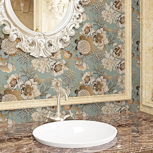 ReWallpaper Selbstklebende Tapete Grün Gold Blumentapete Selbstklebend Tapete Türkis Gold Mit Vögeln und Blumen Fototapete Vintage 44.5CM X 3M Klebetapete Selbstklebend Wand Klebefolie Möbel Muster - Cheap-Us