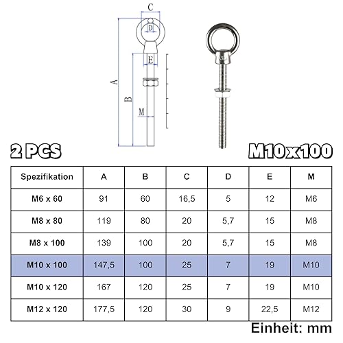 ORTAVA Ringschrauben Lang M8 x 80mm, 2 Stück Augenschraube mit Unterlegscheiben und Sechskantmuttern, Ösenschraube Edelstahl 316 V4A A4, Augbolzen für Befestigens und Aufhängung - Cheap-Us