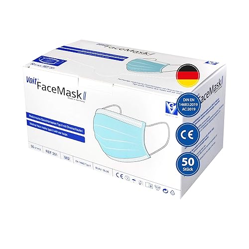 VOIT - Medizinische Gesichtsmaske Typ II EN 14683, 3-lagig, Einweg-Mundschutz, atmungsaktiv, OP-Maske mit Ohrenschlaufen, Made in Germany, 50 Stück - Cheap-Us
