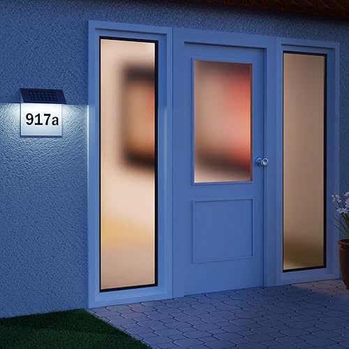 DEUBA® Edelstahl Hausnummer Beleuchtet Solar 4 LEDs Dämmerungssensor Wetterfest 0-9 Zahlen a-h Buchstaben Leuchte Haus Nummer Schild Außen - Cheap-Us