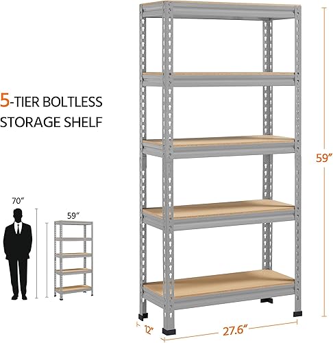 Yaheetech 5 Böden Eckregale, Lagerregale Metall, Schwerlastregale 750 KG belastbar, Kellerregal, Steckregal, Regalsystem, 70 x 30 x 150 cm/Hellgrau - Cheap-Us