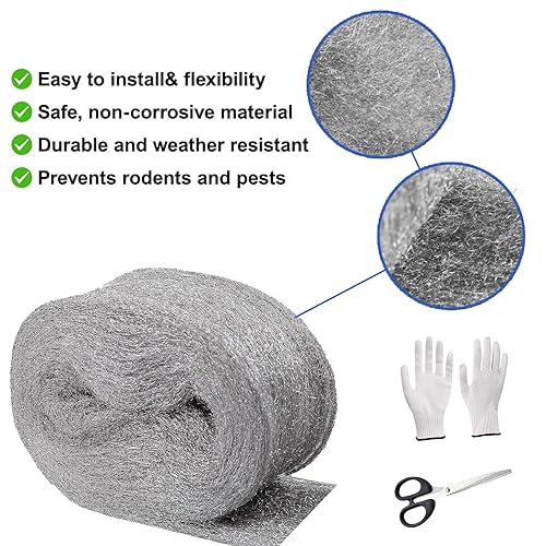 WANYI Stahlwolle 000 Edelstahlwolle Stahlwolle Gegen Mäuse mit Arbeitshandschuhen Schere für Reinigen, Polieren, Steel Wool Stahlwoll für Löcher, Wand Risse von Haus (3 Rollen 12m) - Cheap-Us