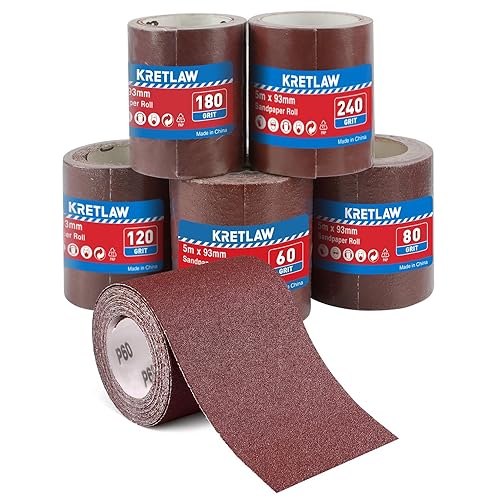 KRETLAW Schleifpapierrollen-Set 5 Rollen, 93mm x 5m, Körnung 60/80/120/180/240, Schleifpapier zum Schleifen, Polieren und Entrosten von Holz, Metall, Stahl - Cheap-Us