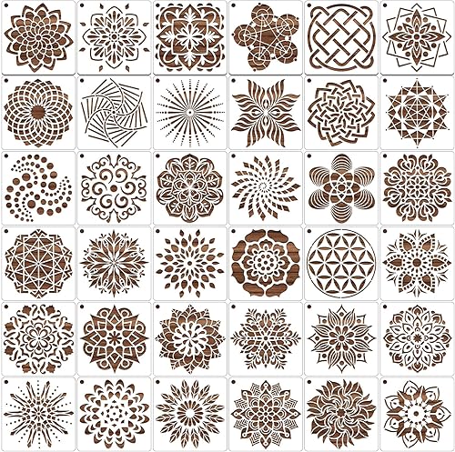 MWOOT 36 Stück Mandala Muster Schablone Painting Stencils,Wiederverwendbare DIY Dot Malerei Vorlage Stencil Kits,Mandala Skala Schablonen zum Malen auf Holz Leinwand Möbel Handwerk(13x13CM) - Cheap-Us