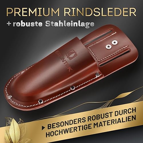 GRÜNTEK Premium Gartenscheren-Holster, Hochwertiges naturbraunes Echt-Leder, sicherer Halt, Gürtelschlaufe, Starke Halteklammer, Werkzeug-Halter für Garten-Scheren, Etui, Halfter, Halterung - Cheap-Us