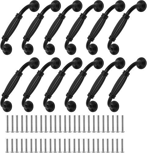 Kyrio 12 Stück schwarze Schranktürgriffe, europäische Aluminium-Türgriffe für Schranktüren, Hardware, mattschwarze Schubladengriffe, lange Bogenform, Ziehgriffe, Lochmitte, 128 mm - Cheap-Us