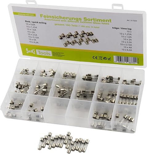 SeKi 317024 160 Teile Feinsicherung 5x20 Sortiment 160-teilig 16 Typen Flink + 8X Träge 0,8A, 1,25A, 1,6A, 2A, 2,5A, 3,15A, 4A und 6,3A Sicherung, Transparent - Cheap-Us