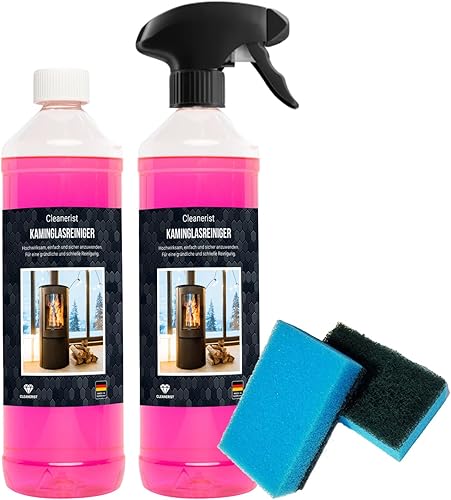 Kamin- & Ofenglas Reiniger | 2x1 Liter | Reinigungsmittel zum Entfernen von hartnäckigen Verschmutzungen auf Kamin- und Ofenglasscheiben I inkl. 1x Schwamm & Sprüher - Cheap-Us