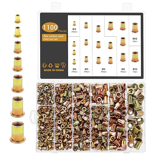 Gueenky 1100 Stück Nietmuttern Sortiment, M3 M4 M5 M6 M8 M10 M12 Nietmuttern Verzinkt Kohlenstoffstahl Nietmuttern Flachkopf Blindnietmuttern für Metall Kunststoff - Cheap-Us