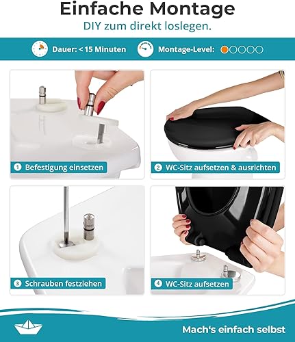 Calmwaters® Premium WC Sitz einfache Montage, Toilettendeckel bis 250 kg, Made in EU, aus antibakteriellem Duroplast, doppelte Absenkautomatik, 2 Befestigungsarten, abnehmbar, Klobrille, oval, Weiß - Cheap-Us