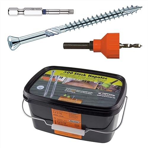 500 Stück 5x70 Hapatec Terrassenschrauben Verlegeset, incl. 1 x TX 25 Edelstahl-Bit und 1 x Senkbohrer mit Anschlag, martensitischer Edelstahl gehärtet, Hartholzschraube mit Zulassung - Cheap-Us