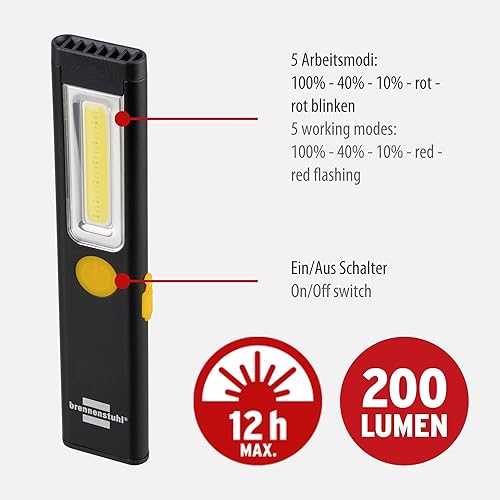 Brennenstuhl LED Akku Handleuchte PL 200 AC/LED Taschenlampe mit COB LED (200lm, inklusive USB C Ladekabel, bis zu 12h Leuchtdauer, Inspektionsleuchte COB mit Magnet und Clip) - Cheap-Us