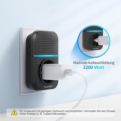 TECKNET Kabellose Türklingel Batterielose, Steckdosen-Funkklingel Wasserdicht Drahtloses Türklingel Funk Türklingel mit EU-Steckdose, LED Anzeige, 5 Lautstärkestufen, 60 Klingeltönen, 400m - Cheap-Us