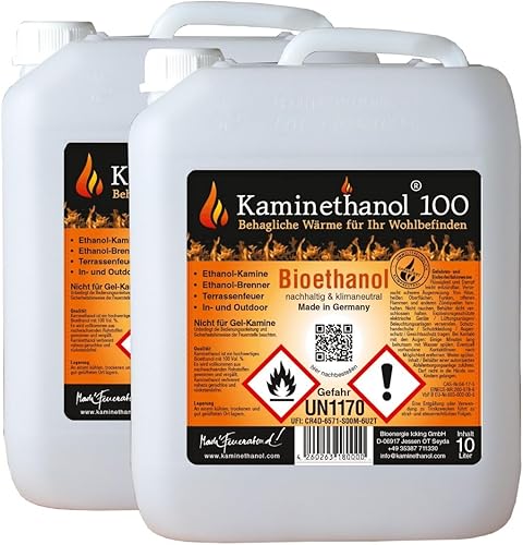 Kaminethanol Icking 20 Liter Bioethanol 100% (2 x 10 L) Premium Qualität - direkt vom Hersteller für Ethanol Kamine, Alkohol-Brenner, Terrasenfeuer, Raumfeuer und Gartenfackeln - Cheap-Us