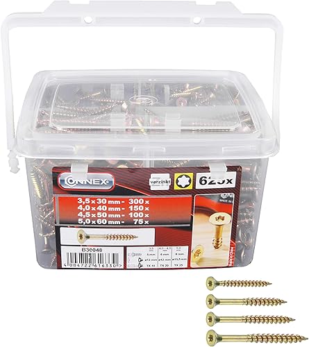 Connex Universalschrauben-Sortiment 625-teilig - Diverse Größen - Senkkopf - TX-Antrieb - Voll- & Teilgewinde - Gelb verzinkt / Schrauben-Set / Schrauben-Eimer / B30048, TX Torx-Antrieb - Cheap-Us