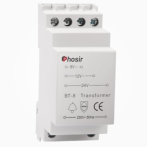 Phosir Klingeltrafo 8-24V - Klingeltrafo Trafo 230V AC Eingaben, 8V 12V 24V/AC Ausfuhren, Türklingel für Türklingeln, Passt auf 35mm Schiene, Klingeltraffo für Max 8VA, Unterstützt Mehrere Ausgänge - Cheap-Us