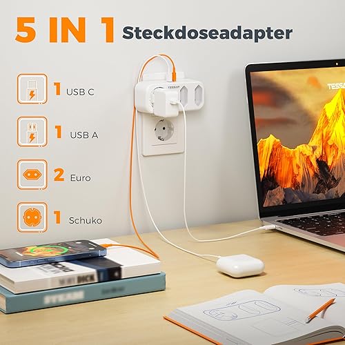 TESSAN Mehrfachstecker mit USB, Doppelstecker für Steckdose, Doppelsteckdose für Steckdose, 3 Fach Steckdosenadapter mit 2 USB 3600W, Mehrfachstecker Ladegerät Kompatibel mit Phone, Grau - Cheap-Us