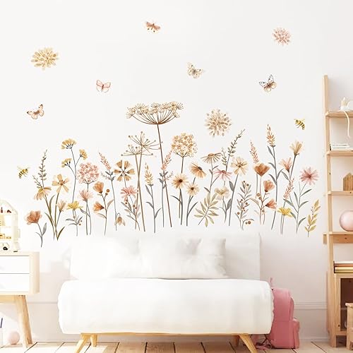 decalmile Wandtattoo Blumen Boho Wandaufkleber Wildblume Löwenzahn Schmetterlinge Wandsticker Schlafzimmer Wohnzimmer Sofa Hintergrund Wanddeko - Cheap-Us