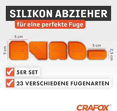 CRAFOX® Fugenglätter 5er SET ORANGE | das Tool für perfekte Fugen | Silikon Abzieher mit 23 Fugenformen | Fugenabzieher inkl. Aufbewahrungsbox | Acryl & Silikonabzieher | Glätter Spachtel Werkzeug - Cheap-Us