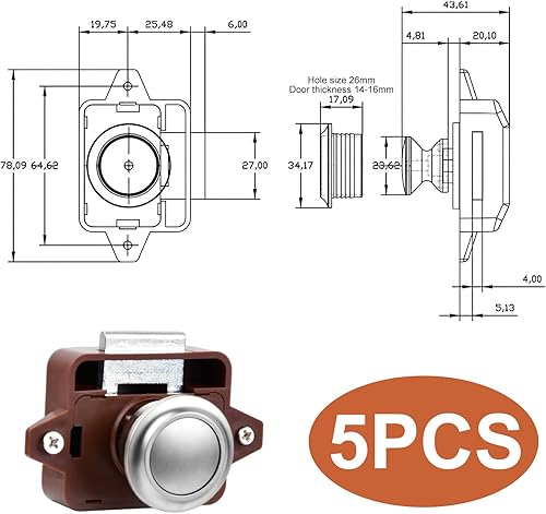 Jinlaili 5 Stück Push Button Catch Door Lock Metal,Taste Schubladen Verriegelung,Keyless Locks Riegelknopfschrank,Push Lock Schloss Wohnmobil,für Tür,Schrank,Wohnmobil,Yacht,Schiff - Cheap-Us