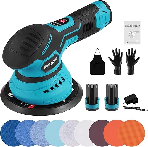 Akku Poliermaschine Auto, Exzenter Poliermaschine mit 2x Akkus, 8 Variablen Geschwindigkeiten, Autopoliermaschinen Set 14pcs, Poliermaschine Auto für Autopflege, Polieren, Wachsen, Kratzerentfernung - Cheap-Us