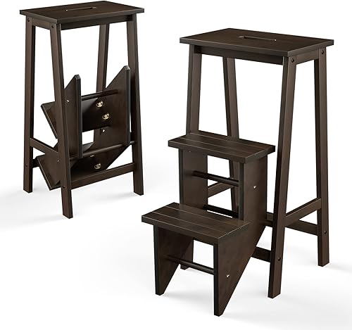GIANTEX Leiterstuhl Holz 3 Stufen, Trittleiter Tritthocker klappbar Trittstuhl, Hocker Leiter Holzleiter Holz Tritt 310 kg Tragbar, Klappstufen Massiv Gummiholz, Klapptreppe Haushaltstritt 76 cm hoch - Cheap-Us