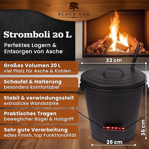BLACK OAK Ascheeimer Stromboli 20L – schwarz mit Deckel & Schaufel - groß 20 Liter - Stahl feuerfest verzinkt & pulverbeschichtet Asche & Kohle Eimer ideales Zubehör für Kamin Kachelofen Holzofen - Cheap-Us