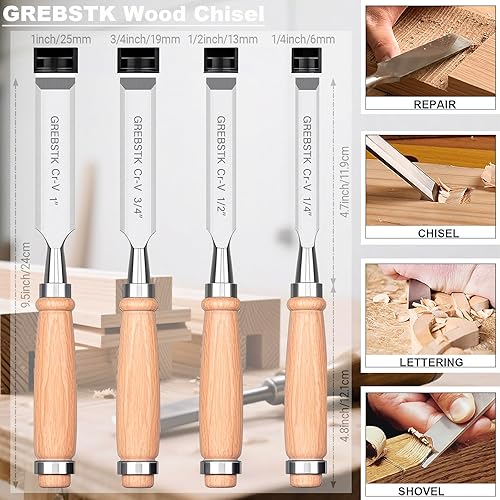 GREBSTK Holz Meißel Set für Holzbearbeitung, 4 tlg. Chrom Vanadium Stahl Schräge Kante Bank Meißel mit Kappe, bequemer Buche High Impact Griff - Cheap-Us