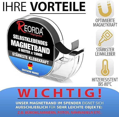 Reorda Magnetband selbstklebend im Spender (6 Meter) - Magnetstreifen - Magnetklebeband hervorragend für Postkarten, Fotos & Whiteboards geeignet - Cheap-Us