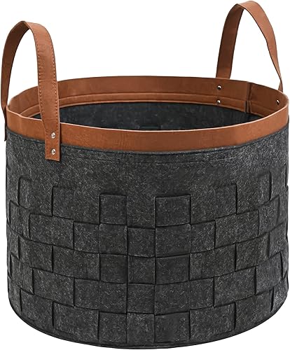 DAKCOS Filzkorb Aufbewahrungskorb aus Filz Kaminholzkorb Regalkorb auch als Wäschekorb extra dickes handgewebtes Filz & verstärkte Nietgriff & faltbar, 65L (Dunkelgrau) - Cheap-Us