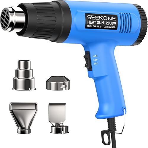 Heißluftpistole, SEKKONE 2000W Elektrische Heissluftgebläse mit Doppelter Heizdraht, 2 Heizstufen von 300ºC/600ºC, 4 Heizdüsen, Überlastschutz, Heißluftfön zum PVC-Schrumpfen, Trocknen, Handwerk - Cheap-Us