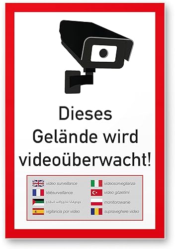 Komma Security Gelände Videoüberwacht mehrsprachig Schild 20 x 30 cm - Achtung Vorsicht Videoüberwachung - Hinweis Hinweisschild Videoüberwacht - Warnschild Warnhinweis Videoüberwachung - Cheap-Us