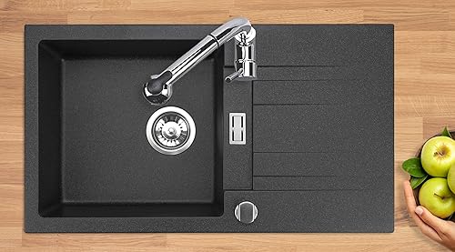 Manestein Spülbecken, Küchenspüle aus Granit, Abtropffläche, Einzelbecken mit Siphon, Fleckenbeständig & Pflegeleicht, 80% Quarzsand, Zusätzlich Verstärkt, 1 Becken, 76 x 44 cm, Graphit - Cheap-Us