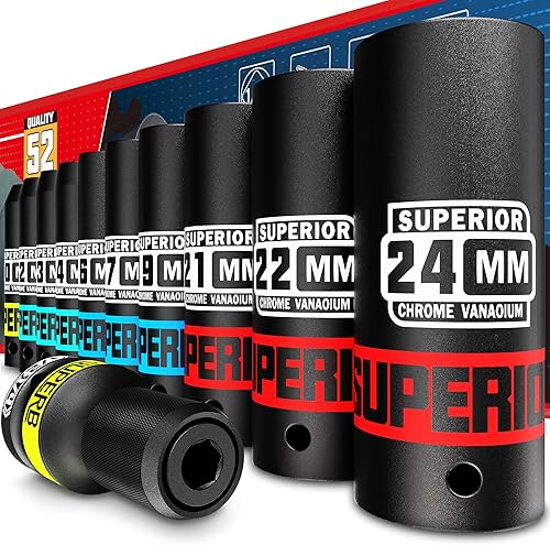 KIRXST Schlagschrauber Nüsse Set 1/2 Zoll 11 tlg, 10-24 mm Kraft-Steckschlüssel-Einsatz-Satz Sechskant mit Adapter Schlagschrauber 1/2 auf 1/4 für Auto Reifenwechsel - Cheap-Us